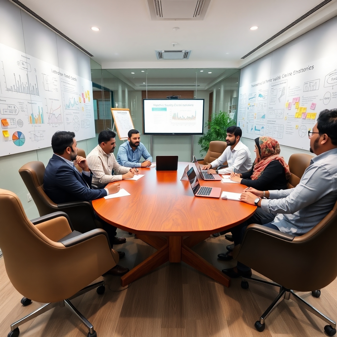 S&C CTA __ _A meeting room in a Bangladeshi office, showing consultants discussing supply chain strategies with stakeholders. Include graphs, charts, and visible collaboration.