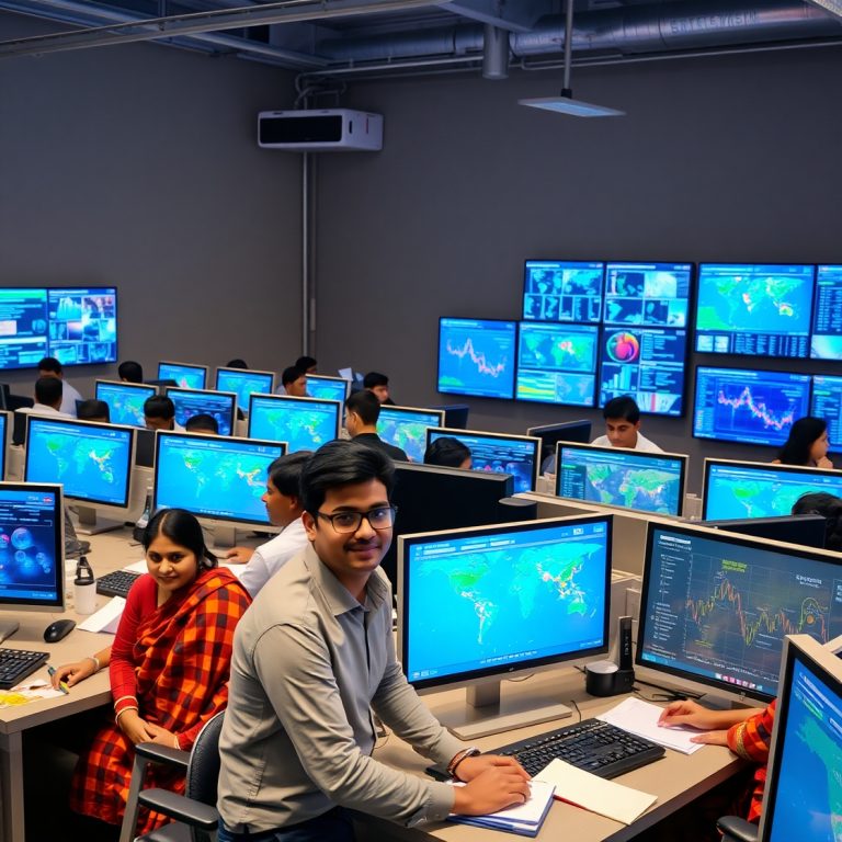 A Bangladeshi logistics control room with screens showing real-time tracking of shipments and analytics dashboards.