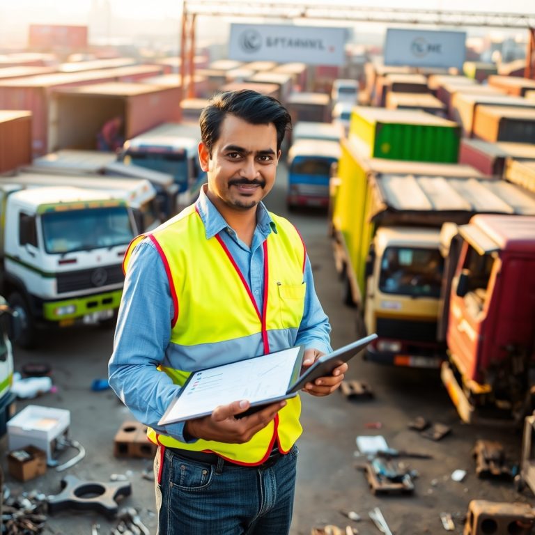 S&C__A Bangladeshi truck yard with vehicles being inspected, with a logistics consultant holding a checklist or tablet.
