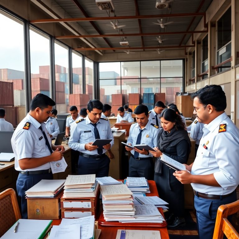 S&C__A customs clearance office at a Bangladeshi port with containers in the background and professionals discussing documentation