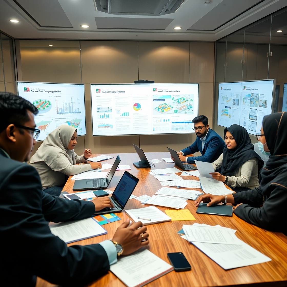 S&C Consulting_shubhankar Shill. A collaborative session with Bangladeshi public officials and consultants drafting funding applications, with visuals of grants and infrastructure models.