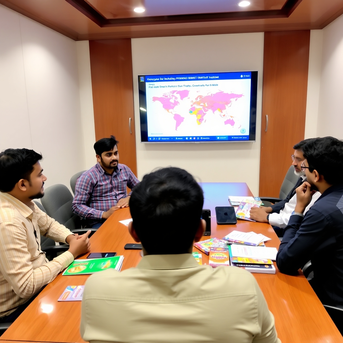 A conference room with a marketing team brainstorming strategies for a pharmaceutical product launch. Promotional materials like brochures and packaging prototypes are on display. A digital screen shows geographic sales data, highlighting market segmentation and product accessibility.