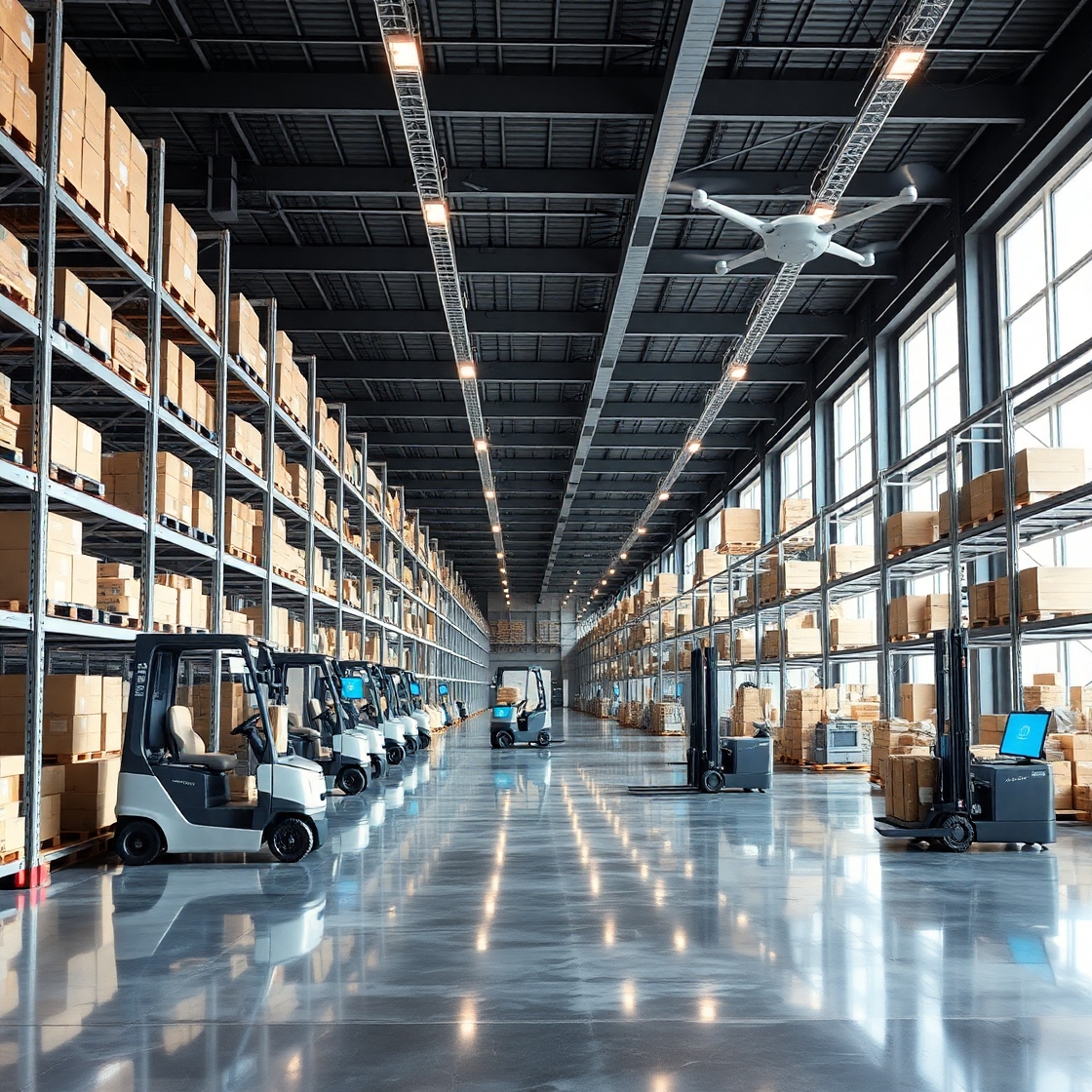 S&C- A visual representation of a seamless supply chain system, showing a modern warehouse with automated inventory systems, transportation logistics, and procurement managers analyzing data on a digital dashboard