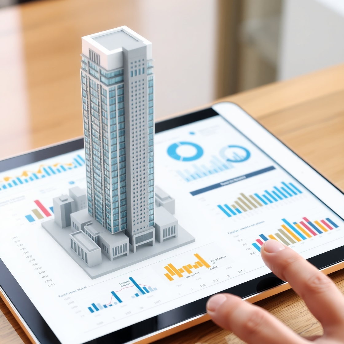 An elegant apartment complex with modern architecture, featuring smart technology icons overlaid on the image. Highlight automated systems, security cameras, and digital dashboards for tenant management and maintenance.