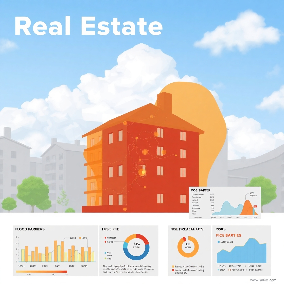 S&C A high-resolution image of a digital map overlaying a vibrant urban skyline. Include financial charts, property icons, and a magnifying glass zooming in on a specific building to emphasize valuation and accuracy.