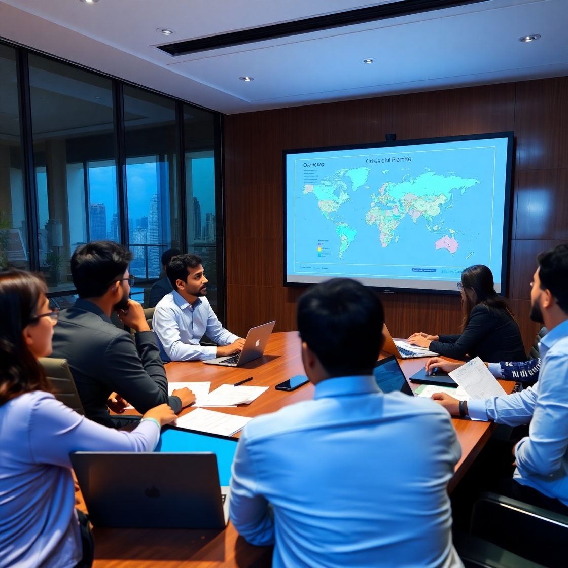 S&C_MNC_ A realistic image of a business continuity planning meeting in a modern boardroom. The group includes professionals discussing a crisis map projected on a large screen, with reports, laptops, and a focused atmosphere. In the background, a window shows Dhaka’s skyline, subtly connecting to Bangladesh’s context