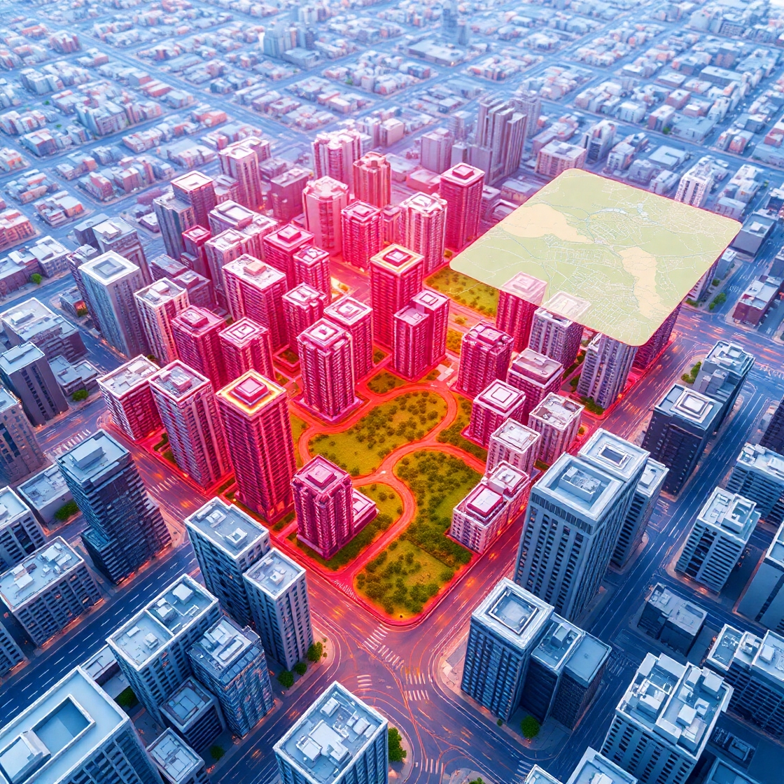 S&C A 3D holographic city model being analyzed with zoning grids and color-coded sections. Include futuristic urban design visuals, smart city planning elements, and digital tools highlighting efficient land use.