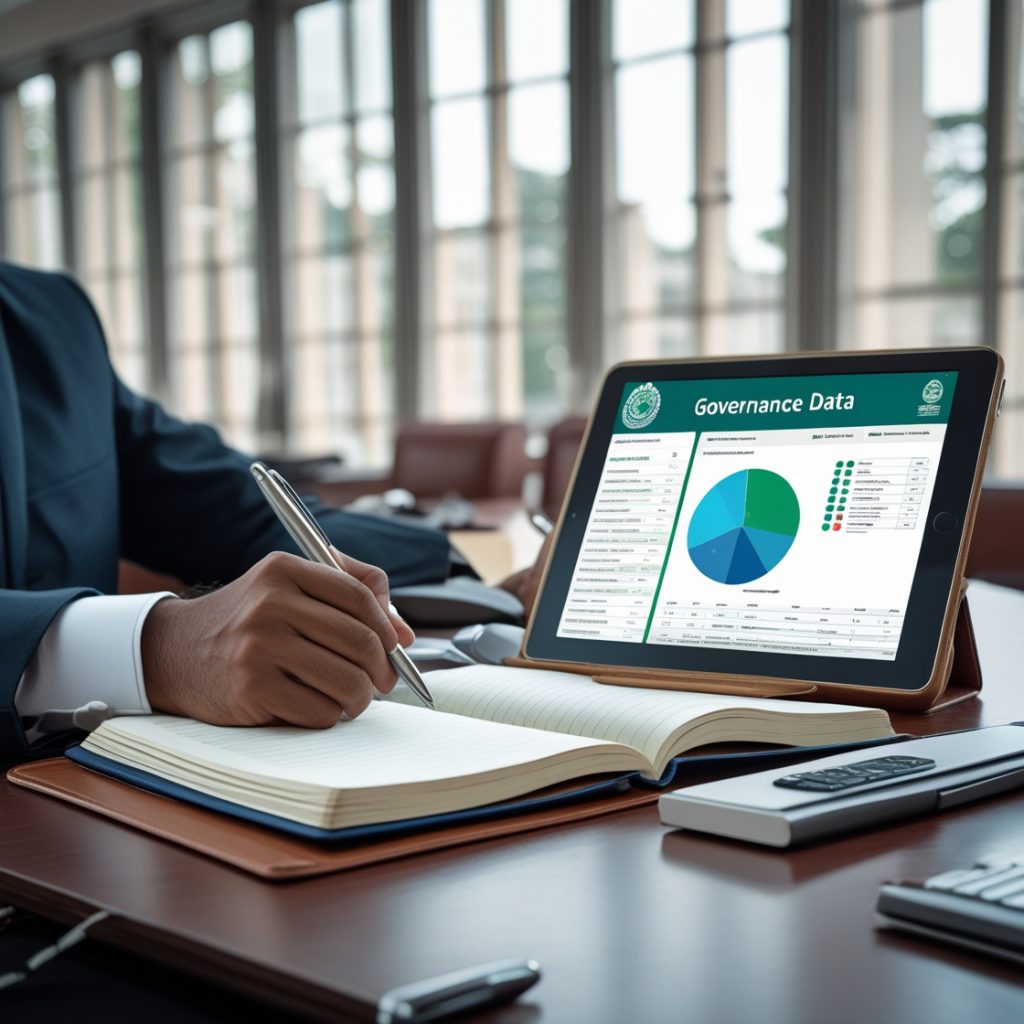 S&C_ Shubhankar Consulting _ An open notebook, a pen, and a tablet displaying governance data on a desk, with the backdrop of a Bangladeshi government building or a conference room, symbolizing public sector transformation and collaboration."CTA
