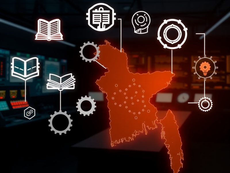 S&C__A minimalistic yet visually engaging concept showing a power plant control room in the background, overlaid with icons of books, gear systems, and glowing diagrams representing knowledge sharing. Include elements like a glowing map of Bangladesh subtly in the background to connect with the local audience."